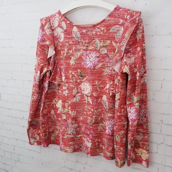 LC Lauren Conrad Floral Knit Top M Burnt Orange Red Ruffle Accent Long Sleeve - Picture 2 of 7